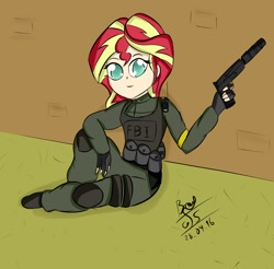 Size: 1500x1475 | Tagged: safe, artist:goldenstorm21, sunset shimmer, human, body armor, clothes, counter-strike, counter-strike: global offensive, fbi, fingerless gloves, gloves, gun, handgun, humanized, pistol, pouches, sitting, solo, suppressor, weapon