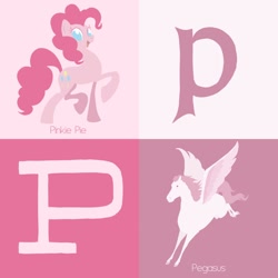 Size: 1024x1024 | Tagged: safe, artist:citron--vert, pinkie pie, horse, pegasus, pony, alphabet, open mouth, p, raised hoof, raised leg, smiling, spread wings, text