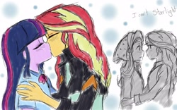 Size: 2560x1600 | Tagged: safe, artist:angeltorchic, starlight glimmer, sunset shimmer, twilight sparkle, equestria girls, beanie, clothes, eyes closed, female, hat, kissing, lesbian, looking at each other, monochrome, rejection, shipping, shipping denied, smiling, sunsetsparkle