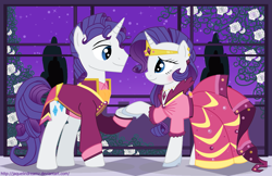 Size: 1925x1245 | Tagged: safe, artist:jaquelindreamz, elusive, rarity, pony, unicorn, clothes, dress, female, gala dress, grand galloping gala, male, rarilusive, rule 63, self ponidox, selfcest, shipping, straight, suit