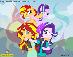 Size: 1477x1151 | Tagged: safe, artist:conikiblasu-fan, starlight glimmer, sunset shimmer, pony, equestria girls, mirror magic, spoiler:eqg specials, beanie, clothes, cross counter, fight, hat, hilarious in hindsight, human ponidox, out of character, punch, self ponidox, sunset vs starlight debate