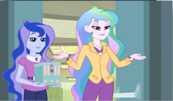 Size: 1250x728 | Tagged: safe, screencap, princess celestia, princess luna, principal celestia, vice principal luna, equestria girls, equestria girls (movie), clothes, cutie mark, cutie mark accessory, cutie mark on clothes, lidded eyes, smiling