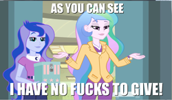 Size: 1250x728 | Tagged: safe, edit, edited screencap, screencap, princess celestia, princess luna, principal celestia, vice principal luna, equestria girls, equestria girls (movie), caption, clothes, cutie mark, cutie mark accessory, cutie mark on clothes, duo, image macro, no fucks, vulgar