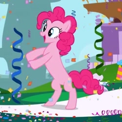 Size: 538x539 | Tagged: safe, screencap, pinkie pie, earth pony, pony, the ticket master, bipedal, female, great moments in animation, long pony, mare, open mouth, pinkie's gala fantasy song, smear frame, smiling, solo, wat