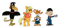 Size: 900x432 | Tagged: safe, artist:hunterxcolleen, applejack, earth pony, pony, benjamin stilton, bipedal, cosplay, crossover, don bluth, geronimo stilton, jeremy the crow, johnny test, simple background, the secret of nimh, white background