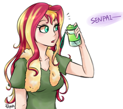 Size: 900x800 | Tagged: safe, artist:phyllismi, sunset shimmer, human, equestria girls, bottle, dialogue, humanized, implied lesbian, implied shipping, implied sunsetsparkle, implied twilight sparkle, offscreen character, senpai, solo, speech bubble, towel