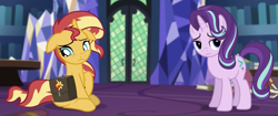 Size: 1280x540 | Tagged: safe, screencap, starlight glimmer, sunset shimmer, pony, unicorn, equestria girls, mirror magic, spoiler:eqg specials, book, cropped, crystal, door, frown, library, looking away, saddle bag, twilight's castle