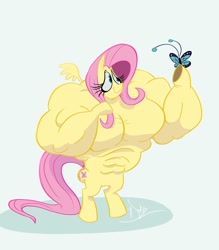 Size: 800x914 | Tagged: safe, artist:dodgyrommer, fluttershy, butterfly, pegasus, pony, bipedal, buff, muscles, muscleshy, overdeveloped muscles