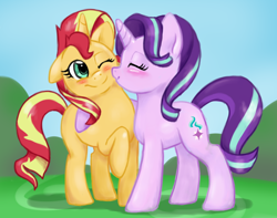 Size: 1454x1147 | Tagged: safe, artist:catlover1672, starlight glimmer, sunset shimmer, pony, unicorn, equestria girls, mirror magic, spoiler:eqg specials, blushing, cute, female, glimmerbetes, kiss on the cheek, kissing, lesbian, shimmerbetes, shimmerglimmer, shipping