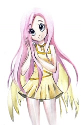 Size: 759x1166 | Tagged: safe, artist:paulina-ap, fluttershy, breasts, clothes, delicious flat chest, dress, flattershy, humanized, skinny