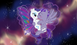 Size: 1024x596 | Tagged: safe, rarity, oc, oc:kydose, pegasus, pony, unicorn, canon x oc, kissing, love, raridose, shipping, space, stars