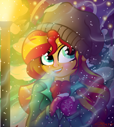 Size: 900x1000 | Tagged: safe, artist:sunsetcrady, sunset shimmer, equestria girls, beanie, clothes, cute, hat, open mouth, shimmerbetes, signature, snow, snowfall, solo, winter outfit