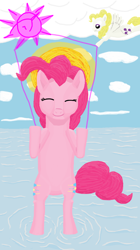 Size: 2518x4500 | Tagged: safe, pinkie pie, surprise, earth pony, pony, female, invisible pink unicorn, mare, pink coat, pink mane, religion