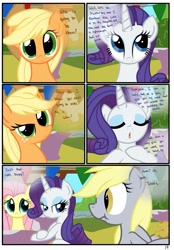 Size: 1741x2500 | Tagged: safe, artist:pyruvate, applejack, derpy hooves, rarity, earth pony, pegasus, pony, unicorn, comic:the usual, comic, female, mare