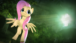 Size: 1920x1080 | Tagged: safe, artist:d0ntst0pme, fluttershy, pegasus, pony, 3d, crepuscular rays, flying, forest, gmod