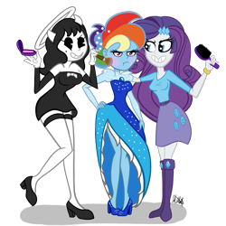 Size: 2000x2000 | Tagged: safe, artist:chelseawest, derpibooru import, rainbow dash, rarity, equestria girls, alice angel, bendy and the ink machine, boots, clothes, crossover, cute, dress, garters, high heels, high res, makeover, makeup, rainbow dash always dresses in style, shoes, simple background, skirt, transparent background