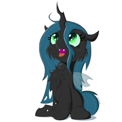 Size: 1500x1500 | Tagged: safe, artist:fajnyziomal, queen chrysalis, changeling, changeling queen, pony, cheek fluff, chest fluff, cute, cutealis, fangs, female, filly, fluffy changeling, looking up, open mouth, simple background, sitting, smiling, solo, stray strand, three quarter view, white background