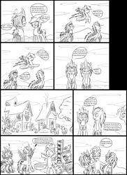 Size: 1024x1407 | Tagged: safe, artist:mephilez, derpy hooves, pinkie pie, pegasus, pony, comic, crossover, female, knock out, mare, monochrome, ponified, starscream, transformers, transformers prime