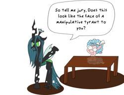 Size: 1462x1125 | Tagged: safe, artist:rainbowbacon, cozy glow, queen chrysalis, changeling, changeling queen, pegasus, pony, atg 2019, court, cozy glow is best facemaker, faic, gary larson, newbie artist training grounds, table, text, the far side