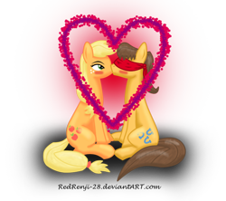 Size: 900x800 | Tagged: safe, artist:redrenji-28, applejack, caramel, earth pony, pony, blindfold, blushing, carajack, female, heart, kissing, male, shipping, straight