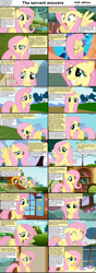 Size: 1282x3661 | Tagged: safe, angel bunny, fluttershy, pegasus, pony, comic:celestia's servant interview, blushing, caption, comic, floppy ears, interview