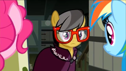 Size: 1136x640 | Tagged: safe, derpibooru import, screencap, a.k. yearling, daring do, pinkie pie, rainbow dash, earth pony, pegasus, pony, daring done?, cute, glasses, sad