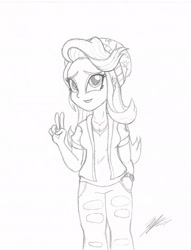 Size: 1700x2222 | Tagged: safe, artist:artponymdp, starlight glimmer, equestria girls, mirror magic, spoiler:eqg specials, beanie, clothes, hat, lineart, monochrome, peace sign, signature, solo, torn clothes, traditional art