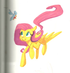 Size: 1000x1047 | Tagged: safe, artist:romaniz, fluttershy, bird, pegasus, pony, flying, solo, traditional art