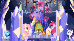 Size: 1280x720 | Tagged: safe, derpibooru import, screencap, applejack, fluttershy, pinkie pie, rainbow dash, rarity, starlight glimmer, sunburst, twilight sparkle, twilight sparkle (alicorn), alicorn, earth pony, pegasus, pony, unicorn, shadow play, book, happy, magic