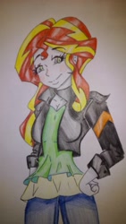 Size: 1440x2560 | Tagged: safe, artist:rikkute98, sunset shimmer, equestria girls, clothes, cute, human coloration, jacket, leather jacket, pants, shimmerbetes, smiling, solo, traditional art