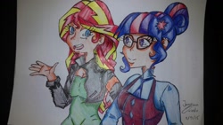 Size: 1200x675 | Tagged: safe, artist:rikkute98, sci-twi, sunset shimmer, twilight sparkle, equestria girls, clothes, glasses, human coloration, jacket, leather jacket, signature, traditional art