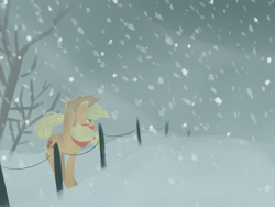 Size: 1024x768 | Tagged: safe, artist:marisalle, applejack, earth pony, pony, clothes, fence, scarf, snow, snowfall, solo