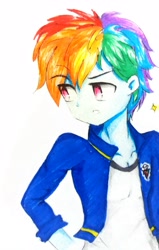 Size: 2121x3330 | Tagged: safe, artist:liaaqila, derpibooru import, rainbow blitz, rainbow dash, equestria girls, clothes, equestria guys, male, multicolored hair, rule 63, solo, traditional art