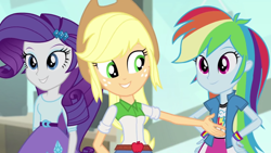 Size: 1366x768 | Tagged: safe, derpibooru import, screencap, applejack, rainbow dash, rarity, a case for the bass, equestria girls, rainbow rocks, grin, smiling