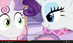 Size: 854x510 | Tagged: safe, edit, edited screencap, screencap, rarity, sweetie belle, pony, unicorn, ponyville confidential, bedroom eyes, caption, female, i need an adult, lesbian, meme, raribelle, shipping, youtube, youtube caption