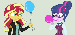 Size: 1024x481 | Tagged: safe, artist:a-r-i-a-1997, sci-twi, sunset shimmer, twilight sparkle, equestria girls, balloon, clothes, counterparts, crystal prep academy uniform, school uniform, sunset's counterparts, twilight's counterparts