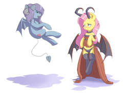 Size: 800x583 | Tagged: safe, artist:jalm, fluttershy, oc, oc:frankie, pegasus, pony, succubus, bat wings, blushing, clothes, costume, eyes closed, female, flying, midriff, monster mare, panties, spaded tail, underwear