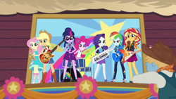 Size: 1280x720 | Tagged: safe, derpibooru import, screencap, applejack, fluttershy, pinkie pie, rainbow dash, rarity, sci-twi, sunset shimmer, twilight sparkle, better together, equestria girls, road trippin, bass guitar, drums, flying v, guitar, humane five, humane seven, humane six, keytar, musical instrument, stage, tambourine, the rainbooms