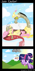 Size: 648x1296 | Tagged: safe, artist:lilmisswaffles, derpibooru import, discord, fluttershy, twilight sparkle, twilight sparkle (alicorn), alicorn, pegasus, pony, alternate hairstyle, clothes, cloud, cloudy, discoshy, eyes closed, female, floppy ears, hat, hot, male, mare, open mouth, panting, prone, scarf, shipping, smiling, snow, snowfall, snuggling, straight, tongue out