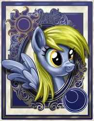 Size: 700x900 | Tagged: safe, artist:harwick, derpy hooves, pegasus, pony, bust, female, harwick's sun/moon portraits, mare, nose wrinkle, portrait, scrunchy face, smiling, solo