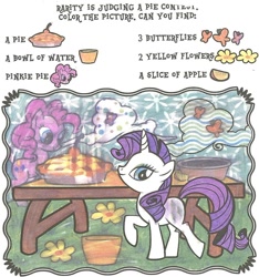 Size: 1060x1131 | Tagged: safe, pinkie pie, rarity, butterfly, earth pony, pony, unicorn, bowl, colour and find, contest, food, pie, table