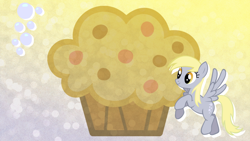 Size: 1024x576 | Tagged: safe, artist:rowlingfan12, derpy hooves, pegasus, pony, bubble, female, giant muffin, mare, muffin, solo, wallpaper