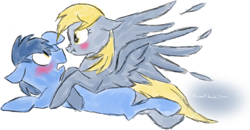 Size: 780x406 | Tagged: safe, artist:eeveepikachuchan, blues, derpy hooves, noteworthy, pegasus, pony, blushing, female, male, mare, shipping, straight, wingboner