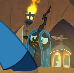 Size: 486x480 | Tagged: safe, screencap, queen chrysalis, changeling, changeling queen, frenemies (episode), female, gag, horn