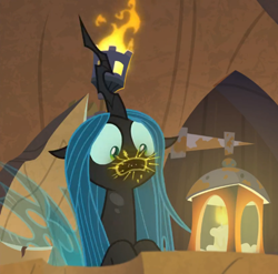 Size: 486x480 | Tagged: safe, screencap, queen chrysalis, changeling, changeling queen, frenemies (episode), female, gag, horn