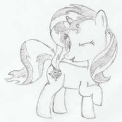 Size: 624x624 | Tagged: safe, artist:renardprower, sunset shimmer, pony, looking at you, monochrome, pencil drawing, raised hoof, rough draft, simple background, smiling, solo, traditional art, white background, wink