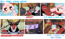 Size: 1750x1044 | Tagged: safe, edit, edited screencap, screencap, cozy glow, grogar, lord tirek, queen chrysalis, centaur, changeling, changeling queen, pegasus, pony, frenemies (episode), bow, comic, cozybetes, cute, descriptive noise, dialogue, discovery family logo, disguise, disguised changeling, female, filly, foal, freckles, hitting, horse noises, innocent, legion of doom, male, nose piercing, nose ring, piercing, screencap comic, smug, text, this will end in death, this will end in tears, this will end in tears and/or death