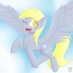 Size: 894x894 | Tagged: safe, artist:esugenos, derpy hooves, pegasus, pony, female, flyer, flying, happy, mare, solo, spread wings