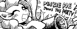 Size: 320x120 | Tagged: safe, pinkie pie, earth pony, pony, character reveal, miiverse, monochrome, parody, party cannon, solo, style emulation, super smash bros., super smash bros. 4