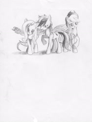 Size: 2442x3246 | Tagged: safe, artist:baran, derpibooru import, applejack, fluttershy, rainbow dash, earth pony, pegasus, pony, looking at you, monochrome, pencil drawing, raised hoof, spread wings, traditional art, trio, wings